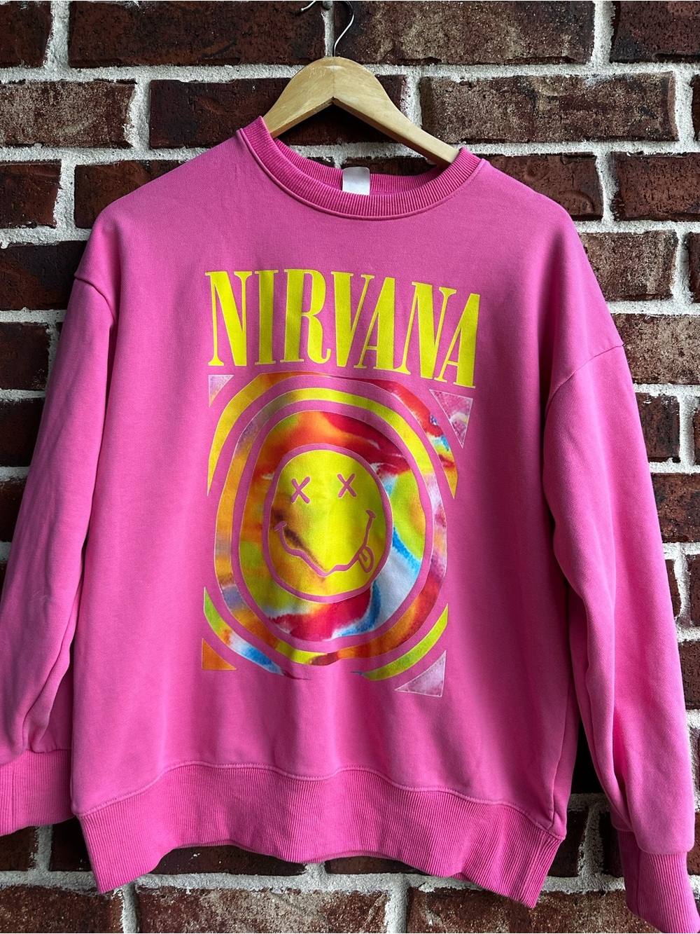 NIRVANA Bright Pink Crewneck with Yellow Logo Detail